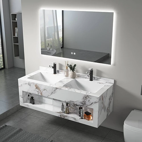 مغسلة سيراميك صندوق ابيض عروق رمادي بني مع مراية ليد قطعتين مقاس 120*50 سم