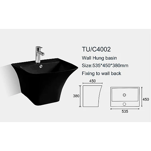  صورة منتج مغسلة سيراميك معلق مربع ابيض  موديل TU/C4002/BK