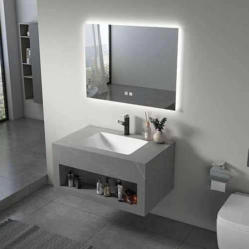 مغسلة رخام صندوق رمادي فاتح مع مراية ليد قطعتين مقاس 80*50 سم (تُضاف رسوم الأوزان الثقيلة)