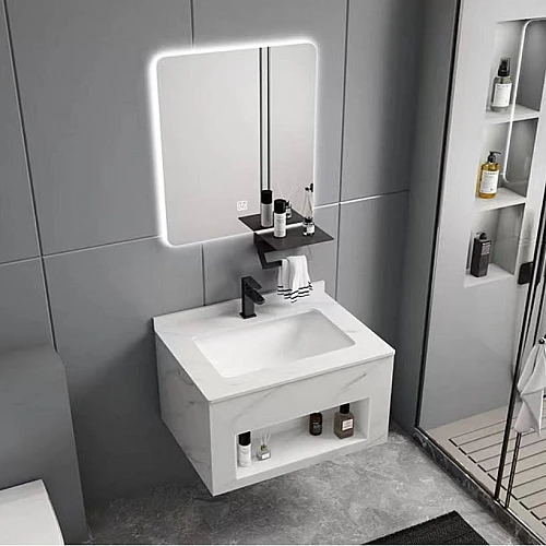 مغسلة رخام صندوق ابيض عروق رمادي مع مراية ليد قطعتين مقاس 60*50 سم (تُضاف رسوم الأوزان الثقيلة)