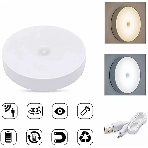  صورة منتج لمبة بالشحن كشاف دواليب دائري تعمل بالحساس لخزانة ليلة لغرفة النوم و خزانة المنزل الإضاءة لون إنارة ابيض و لون الاضاءة اصفر القدرة 3 واط مقاس قطر 8.5 سم موديل HU2329/WH+WW
