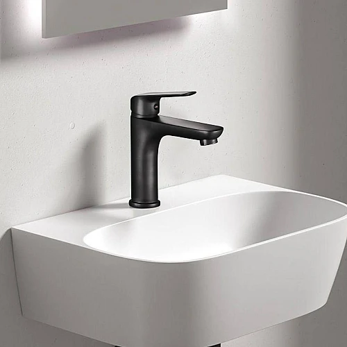 خلاط مغسلة قصير مستطيل اسود مع ليات و هراب