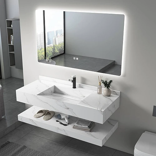 مغسلة سيراميك دورين حوض شلال ابيض عروق رمادي مع مراية ليد 3 قطع مقاس 120*50 سم