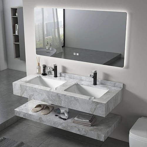 مغسلة سيراميك دورين 50*150سم رمادي حجري مع مراية ليد 3 قطع (هذا المنتج متاح داخل مدينة جدة فقط)