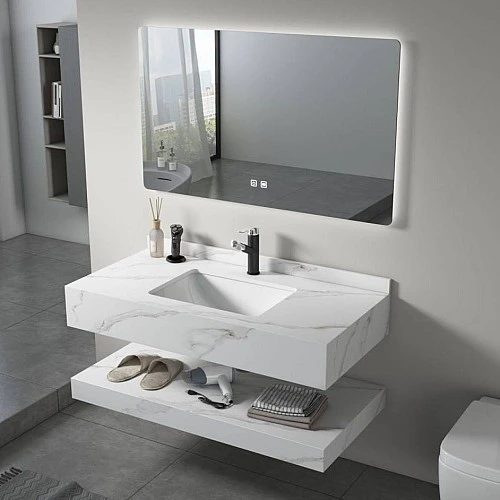 مغسلة سيراميك دورين ابيض عروق رمادي مع مراية ليد 3 قطع مقاس 100*50 سم