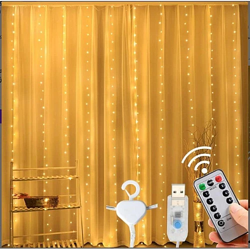  صورة منتج سلسلة مصابيح ستارة لون الاضاءة اصفر 3×3 متر مع ريموت تحكم تعمل على USB عقود 8 اوضاع للحفلات و غرف النوم و حديقة المنزل  موديل HU2443/3*3M/USB/WW