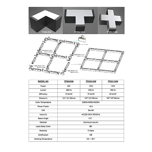كشاف مسطرة شكل T معلقة قابلة للتوصيل غطاء اسود لون الانارة شمسي كريمي 10 واط