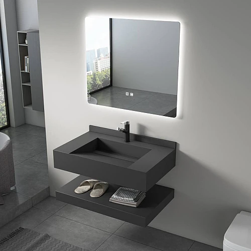 مغسلة سيراميك شلال دورين اسود مطفي مع مراية ليد 3 قطع مقاس 80*50 سم