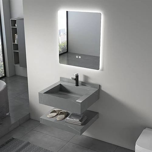 مغسلة سيراميك شلال دورين رمادي فاتح مع مراية ليد 3 قطع مقاس 60*50 سم