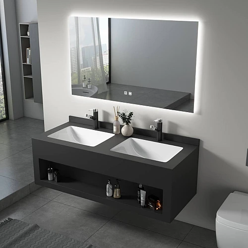 مغسلة سيراميك صندوق اسود مطفي مع مراية ليد قطعتين مقاس 120*50 سم