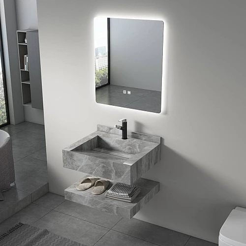 مغسلة سيراميك شلال دورين رمادي حجري مع مراية ليد 3 قطع مقاس 60*50 سم