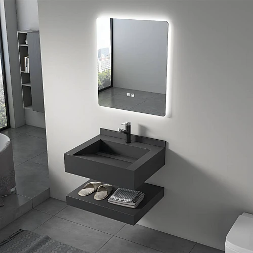 مغسلة رخام شلال دورين اسود مطفي مع مراية ليد 3 قطع مقاس 60*50 سم (تُضاف رسوم الأوزان الثقيلة)