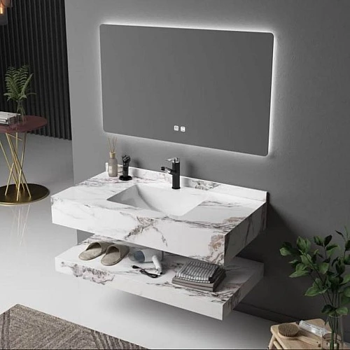 مغسلة سيراميك دورين ابيض عروق رمادي بني مع مراية ليد 3 قطع مقاس 100*50 سم