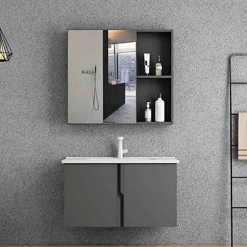 مغسلة فايبر مع صيدلية المنيوم اسود قطعتين مقاس 80 سم