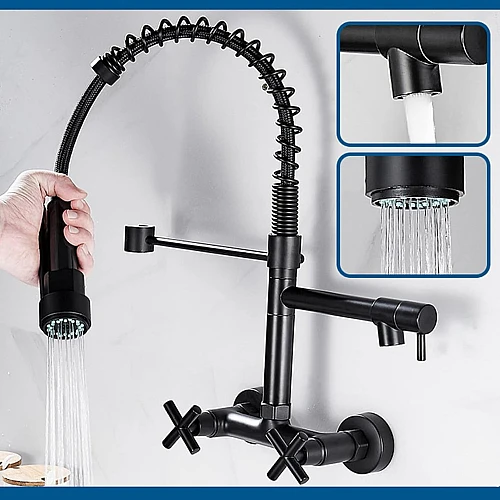 خلاط مطبخ جداري اسود بمخرجين وصباب متحرك وهوز زنبركي