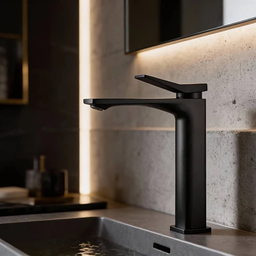 خلاط مغسلة طويل مربع بفتحه في المقبض اسود مع ليات