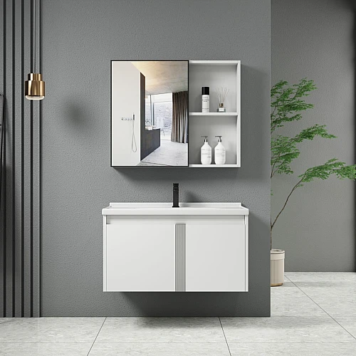 مغسلة فايبر مع صيدلية المنيوم ابيض قطعتين مقاس 80 سم