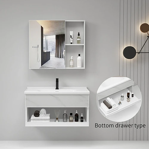  منتج مغسلة حمام رخامي أبيض 80 سم مع صيدلية ومرآة