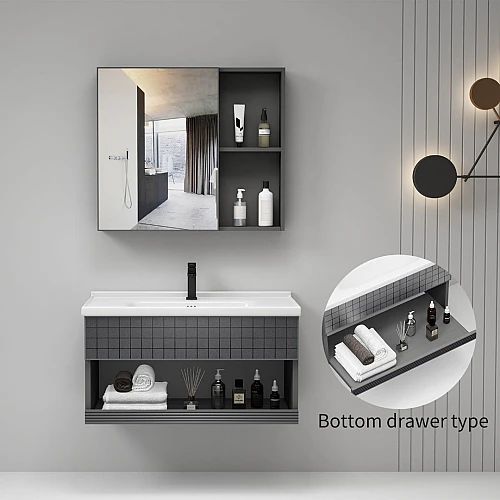 مغسلة المنيوم مع صيدليه اسود مع درج سحاب قطعتين مقاس 80 سم