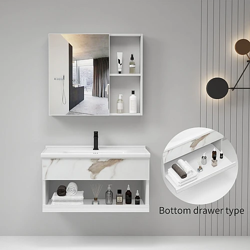  منتج مغسلة ألمنيوم 60 سم أبيض عروق رخامي مع صيدلية ودرج سحاب