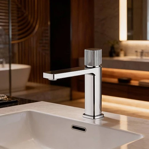 خلاط مغسلة فضي كامل كروم مودرن مع ليات حار بارد