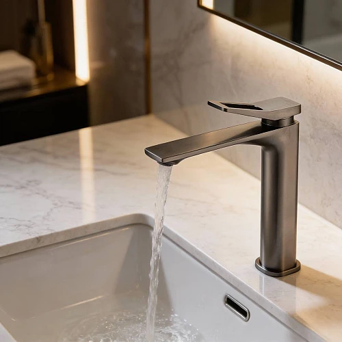 خلاط مغسلة طويل مربع بفتحه في المقبض رمادي مع ليات