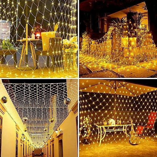 سلسلة إضاءة ستارة شبكية LED باللون الأصفر الدافئ لديكور الحفلات والمنزل