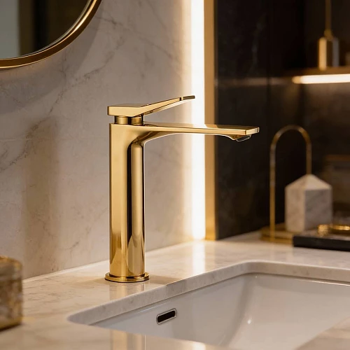 خلاط مغسلة طويل مربع بفتحه في المقبض ذهبي مطفي مع ليات