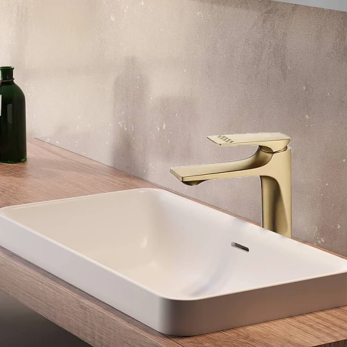 خلاط مغسلة قصير مربع بديكور معين على المقبض ذهبي مطفي مع ليات