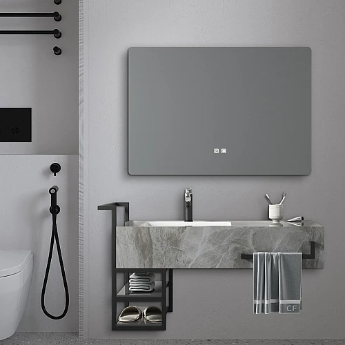 مغسلة سيراميك لون رمادي حجري بأرفف تنظيم ومرآة ليد