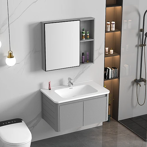 مغسلة مع صيدلية كاربون فايبر مع المنيوم رمادي قطعتين مقاس 60 سم