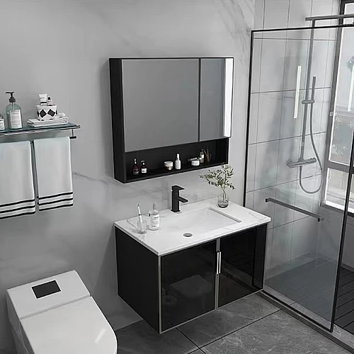 مغسلة مع صيدلية المنيوم مع زجاج اسود قطعتين مقاس 60 سم