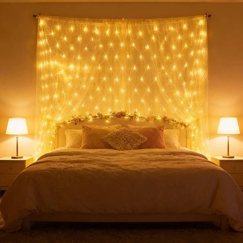 سلسلة إضاءة ستارة شبكية LED باللون الأصفر الدافئ لديكور الحفلات والمنزل
