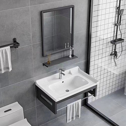 مغسلة المنيوم مع مراية مستطيل مع رف اسود قطعتين مقاس 60 سم