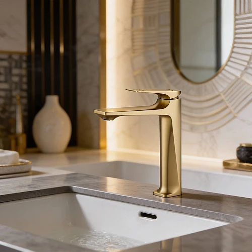 خلاط مغسلة طويل مربع بديكور معين على المقبض ذهبي مطفي مع ليات