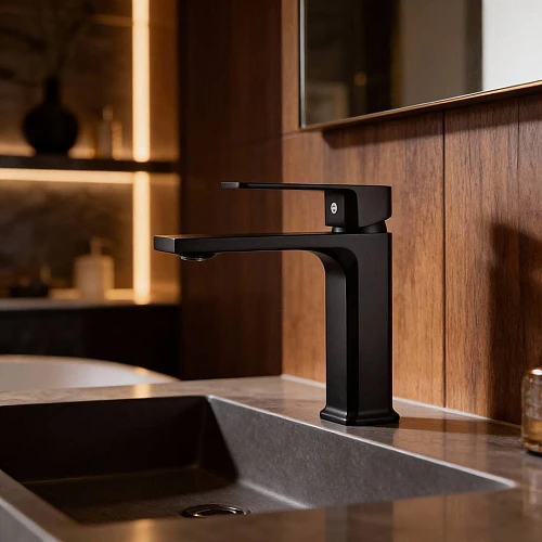 خلاط مغسلة قصير مربع اسود مع ليات