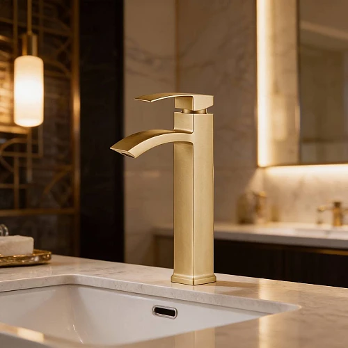 خلاط مغسلة طويل شلال ذهبي مطفي مع ليات