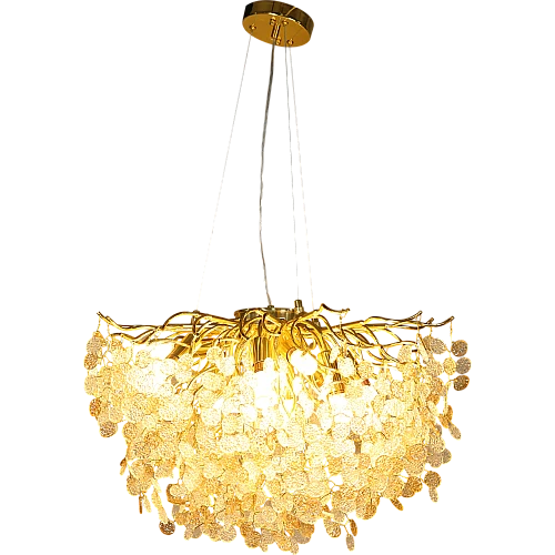 نجف مودرن شكل ذهبي مع عسلي شفاف يجمع بين الأناقة والأصالة 10 لمبات E14. مقاس 60 سم