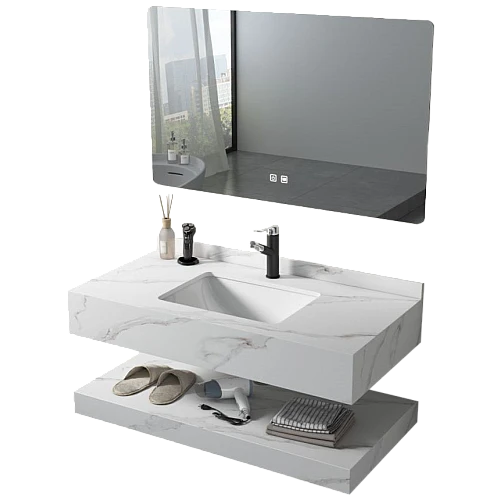 مغسلة سيراميك دورين ابيض عروق رمادي مع مراية ليد 3 قطع مقاس 100*50 سم