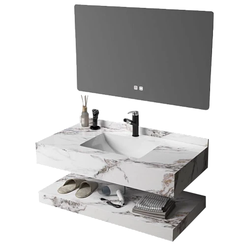  منتج مغسلة سيراميك دورين ابيض عروق رمادي بني مع مراية ليد 3 قطع مقاس 100*50 سم (تُضاف رسوم الأوزان الثقيلة)-TU/C4006/100*50/M346