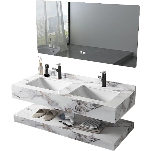 مغسلة رخام دورين ابيض عروق رمادي بني مع مراية ليد 3 قطع مقاس 120*50 سم (تُضاف رسوم الأوزان الثقيلة)