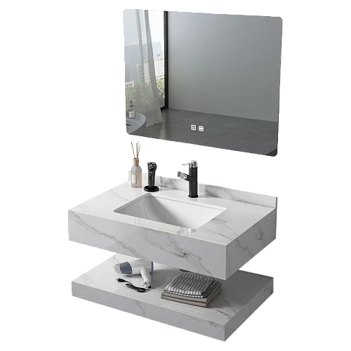 مغسلة رخام دورين ابيض عروق رمادي مع مراية ليد 3 قطع مقاس 60*50 سم (تُضاف رسوم الأوزان الثقيلة)