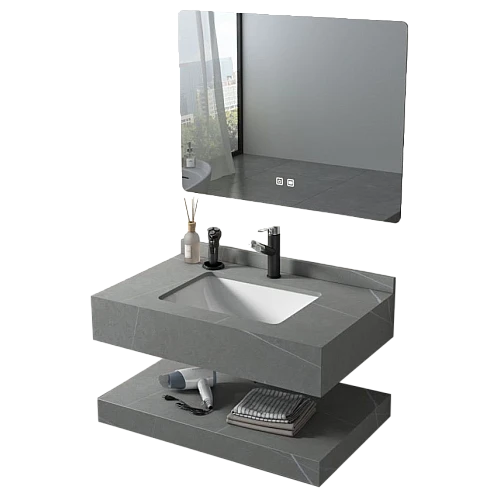 مغسلة سيراميك دورين رمادي فاتح مع مراية ليد 3 قطع مقاس 60*50 سم