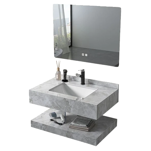 مغسلة رخام دروين رمادي حجري مع مراية ليد 3 قطع مقاس 80*50 سم (تُضاف رسوم الأوزان الثقيلة)