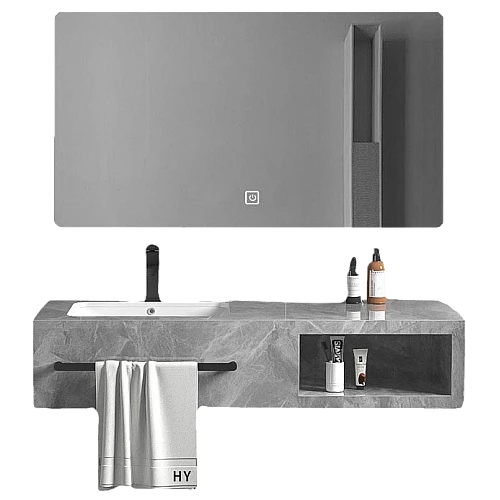 مغسلة سيراميك برف المنيوم - رمادي حجري مع مراية ليد قطعتين مقاس 100*50 سم