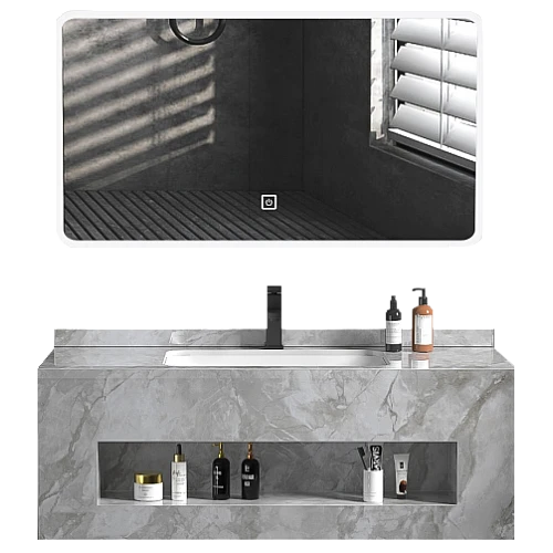 مغسلة سيراميك صندوق رمادي حجري مع مراية ليد قطعتين مقاس 100*50 سم