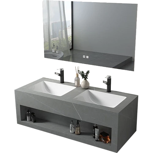 مغسلة رخام صندوق رمادي فاتح مع مراية ليد قطعتين مقاس 120*50 سم (تُضاف رسوم الأوزان الثقيلة)