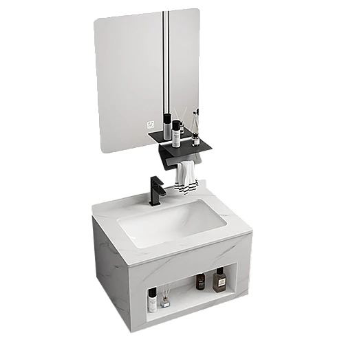 مغسلة رخام صندوق ابيض عروق رمادي مع مراية ليد قطعتين مقاس 60*50 سم (تُضاف رسوم الأوزان الثقيلة)