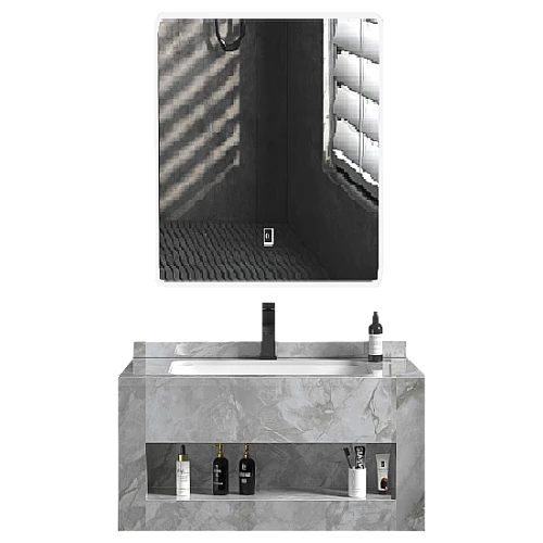 مغسلة رخام صندوق رمادي حجري مع مراية ليد قطعين مقاس 60*50 سم (تُضاف رسوم الأوزان الثقيلة)