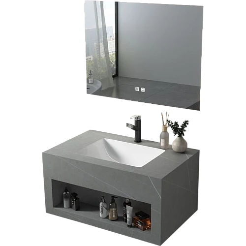 مغسلة رخام صندوق رمادي فاتح مع مراية ليد قطعتين مقاس 80*50 سم (تُضاف رسوم الأوزان الثقيلة)